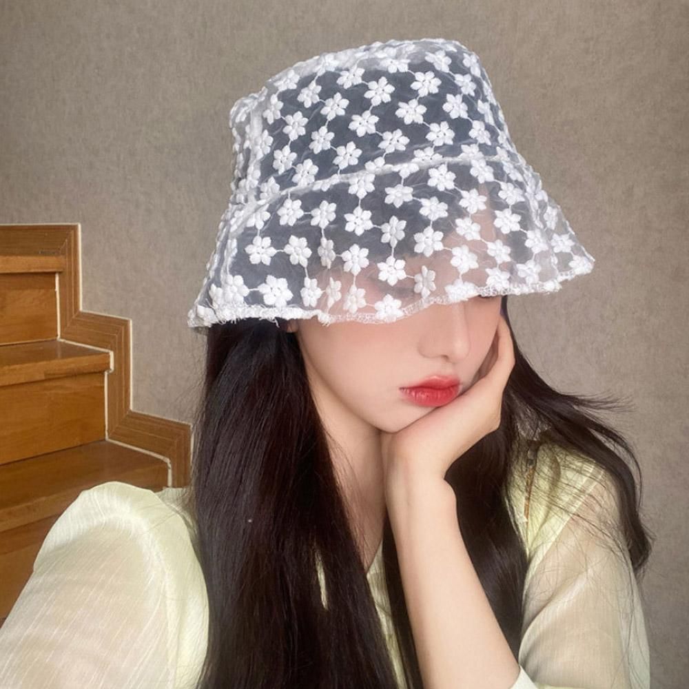 아일렛 플라워 자수 시스루 벙거지 여성 레이스 버킷햇 모자 여름 망사 등산 여자 : 캘네시