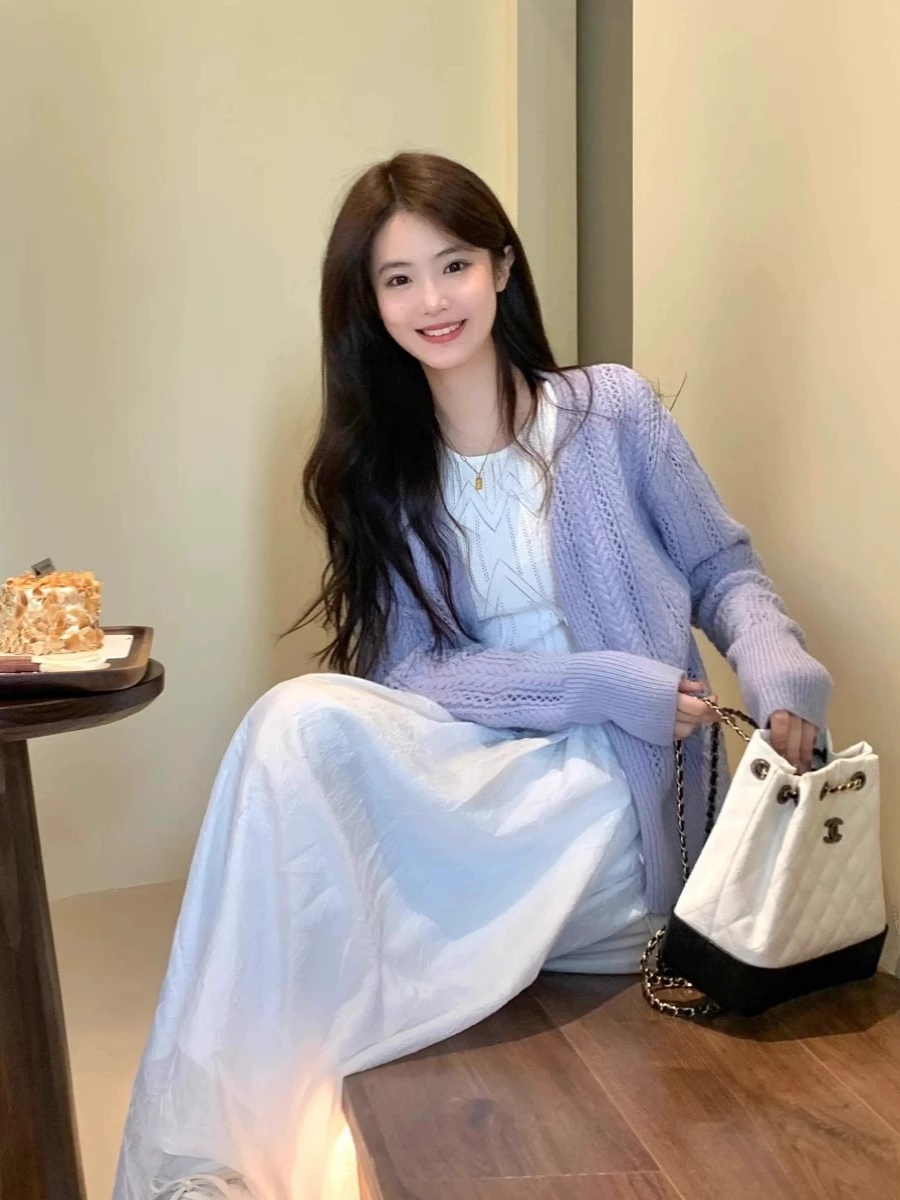 앙고라 가디건 카디건 여름 캐시미어 케이블 배색 여성을위한 보라색 중공 스웨터 얇은 코트 : 디자인콜렉트