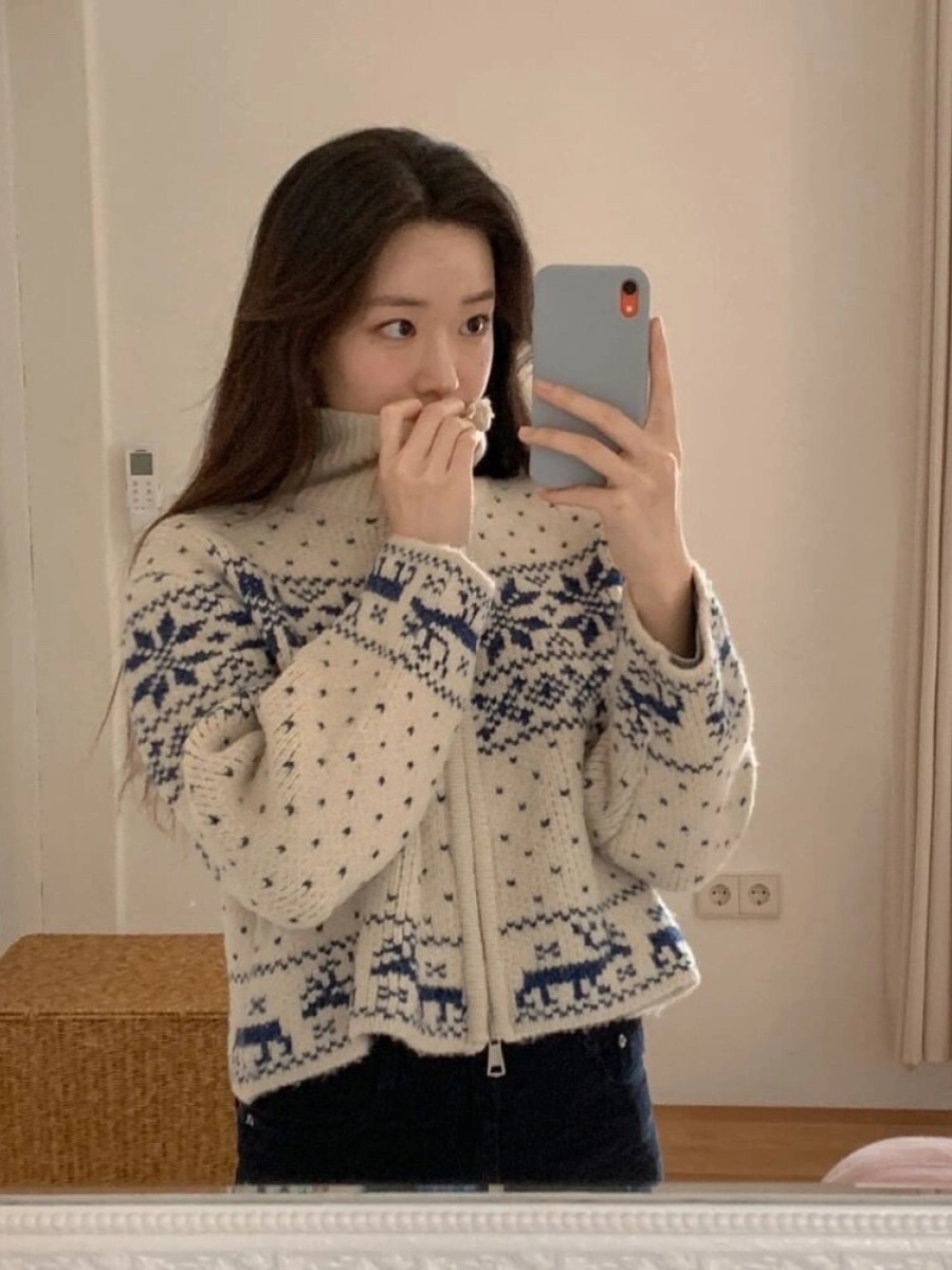 눈꽃 집업 앙고라 가디건 반짝이 롱 솔잎 부클 트위드 가을 겨울 여성용 두꺼운 하이 칼라 : 디자인콜렉트