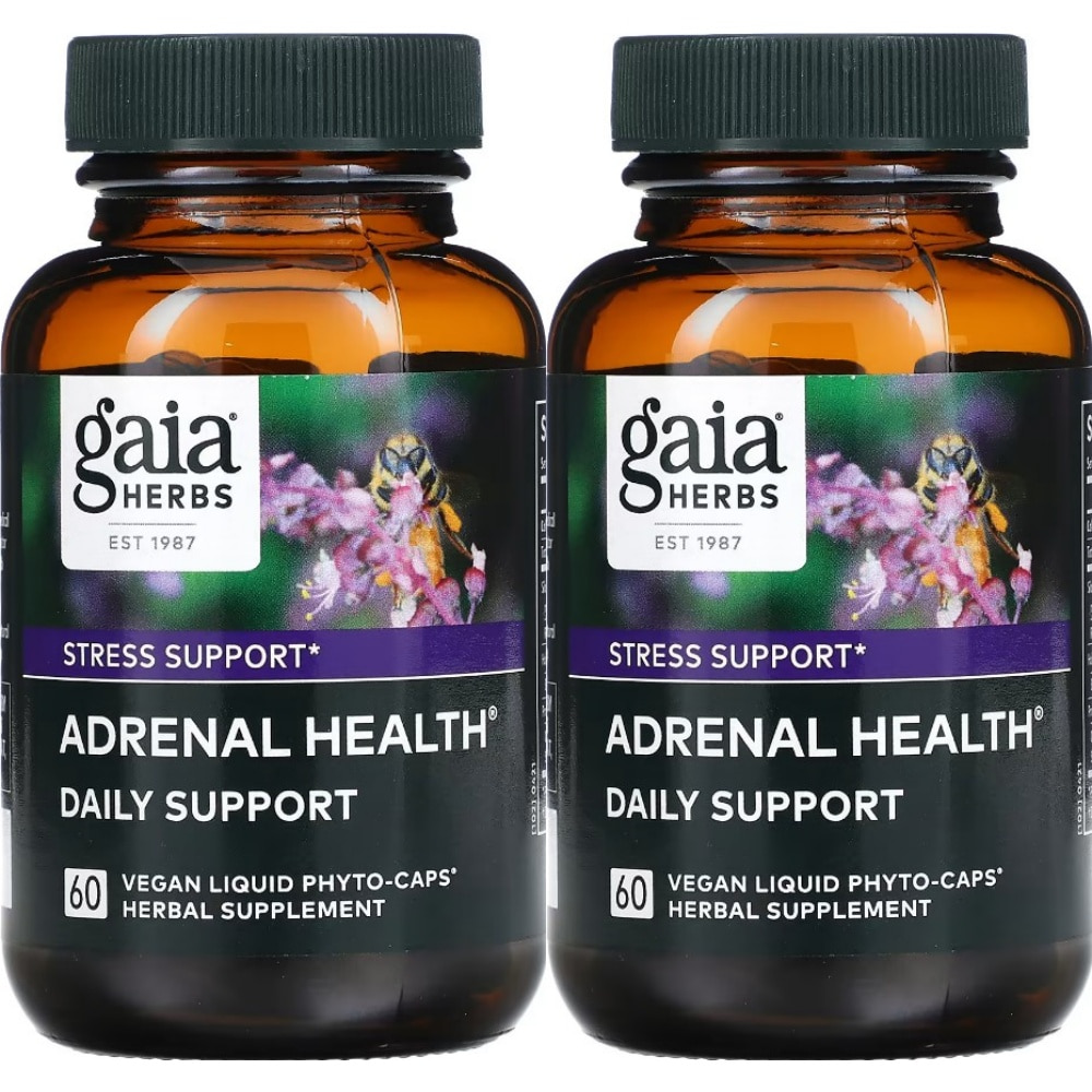 Gaia Herbs Adrenal Health 가이아 허브 홍경천 홀리바질 귀리 오미자 아슈와간다 뿌리 추출물 함유 60정 2병 : 건강한 캡슐