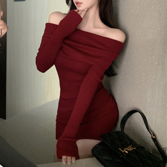당일배송 골지니트터틀넥오프숄더 긴팔미니원피스 레드와인블랙 섹시데일리데이트하객룩 연말파티복 : 로필