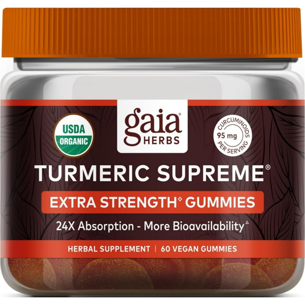 Gaia Herbs Turmeric Supreme Extra Strength 가이아 허브 심황 강황 울금 커큐미노이드 흑후추 함유 구미 60정 : 건강한 캡슐