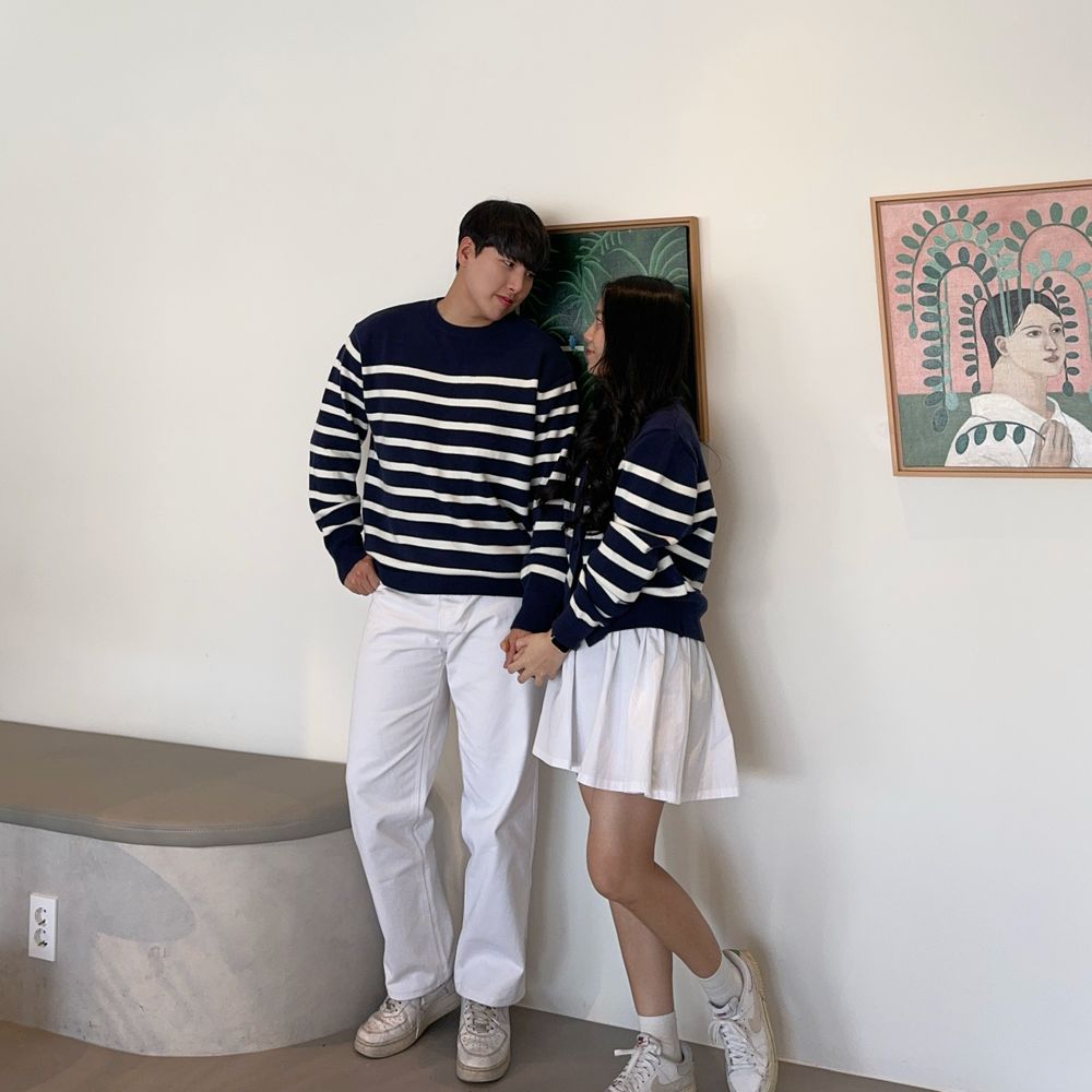 잔느 스트라이프 단가라 크롭 가디건 오버핏 니트 팬츠 스커트 코디세트 커플 시밀러룩 : 몽쉘커플