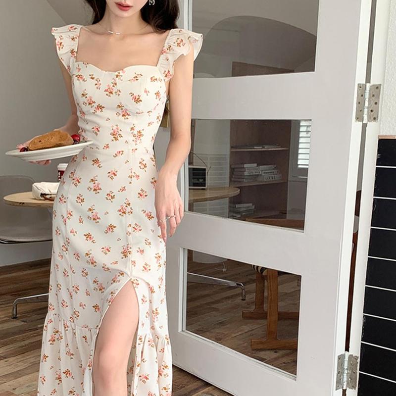 탄성 여성 여름원피스 프린트 원피스 사이드 플라워 드레스 맥시 여름 스플릿 민소매 프릴 : 린스하우스시즌9