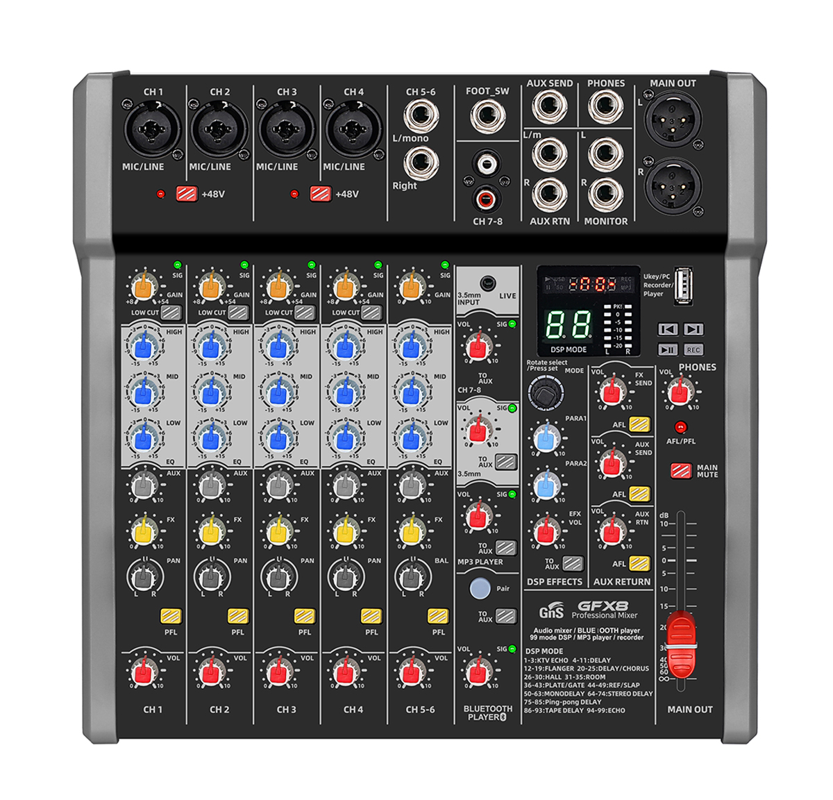 GNS 지앤에스 GFX-8 오디오믹서 블루투스 녹음 USB 8채널믹서 : 뮤토스토어