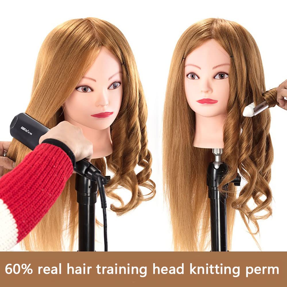 트레이닝 더미 헤드 60% 진짜 헤어 전문 미용 마네킹 인형 머리, 미용사를 위한 스타일링 모델 세트에는 작은 데스크탑 스탠드 포함 (옐로우)... 