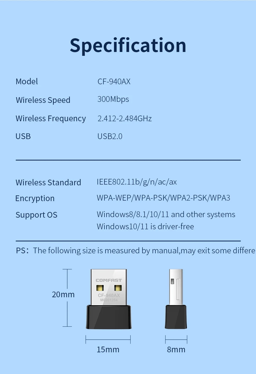 노트북용 미니 와이파이 6 USB 어댑터 USB 와이파이 동글 80211ax 무선 네트워크 카드 AX300 2dBi 안테나 내장 Win10 11 : 제이에스디글로벌