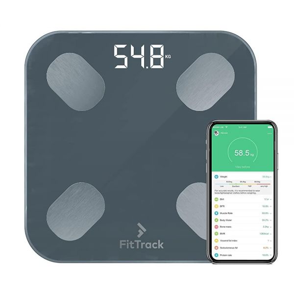 FitTrack Dara 스마트 BMI 디지털 체중계 - 체중과 체지방 측정 - 가장 정확한 블루투스 유리 욕실 체중계(블랙) : 엑설런트 마켓