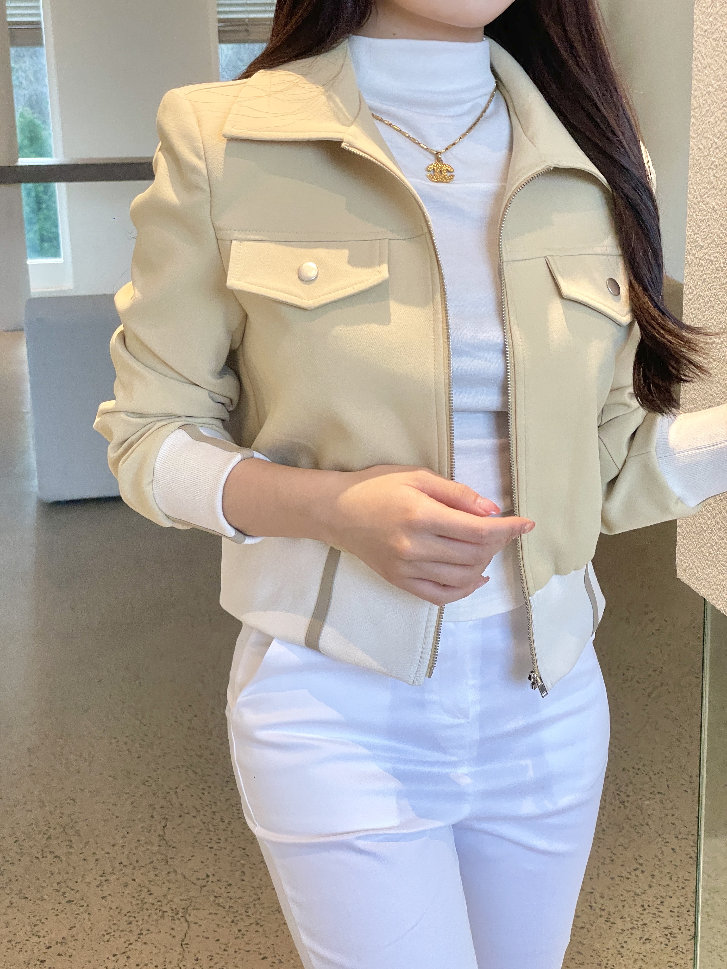 레더 포인트 배색 여성 봄 자켓 블루종 하이퀄리티 : 라르멜