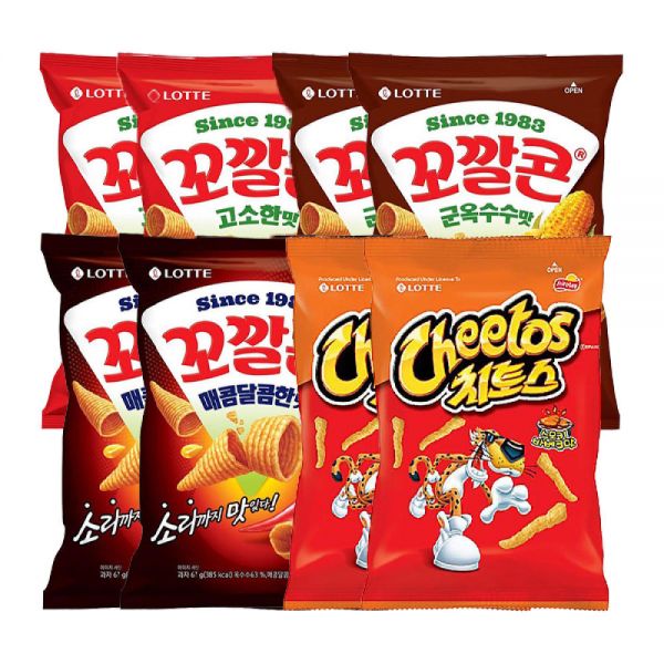 롯데웰푸드 꼬깔콘, 67g 고소한맛, 2개 + 군옥수수맛, 2개 + 매콤달콤, 2개 + 치토스 바비큐, 82g, 2개 : 세계로상회