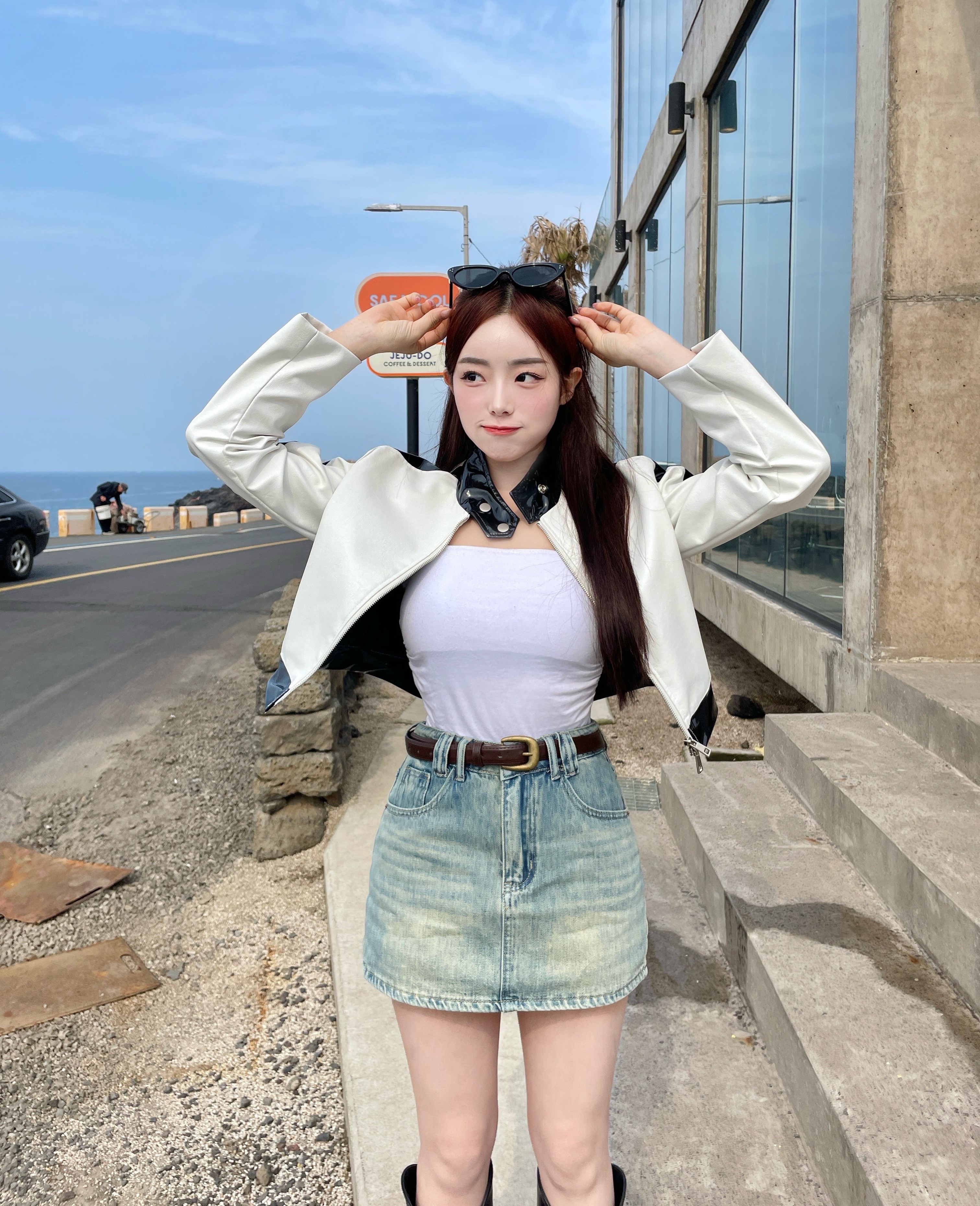 글로시 바이커 레더 크롭 여성 봄 가을 자켓 : 라르멜