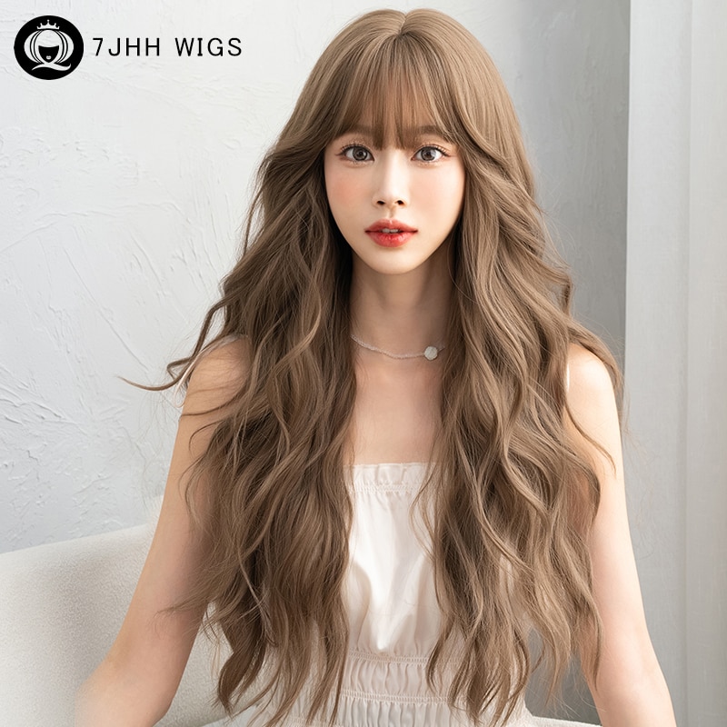7JHH WIGS 여성용 바디 웨이브 허니 블론드 가발 레이어드 합성 다크 브라운 헤어 앞머리 포함 사계절 패션 : 바오직구몰
