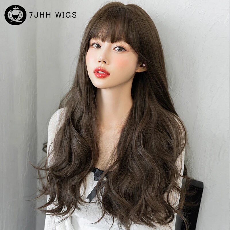 7JHH 여성용 긴 루즈 바디 웨이브 다크 브라운 가발 합성 초콜릿 헤어 앞머리 코스튬 사용 : 바오직구몰