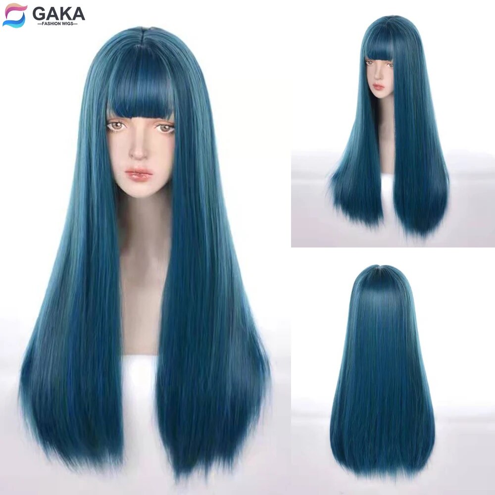 GAKA-다크 블루 롱 스트레이트 합성 로리타 코스프레 가발 앞머리 포함 여성용 파티 데일리 헤드 기어 레드 핑크/블론드 헤어 : 바오직구몰