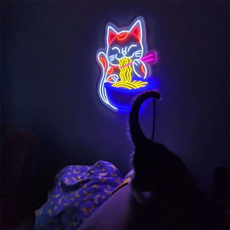 일본풍 레트로일본 일본장식 포춘 고양이 라멘 네온 사인 일본 국수 LED 레스토랑 애니메이션 벽 장식 : kongkongcom