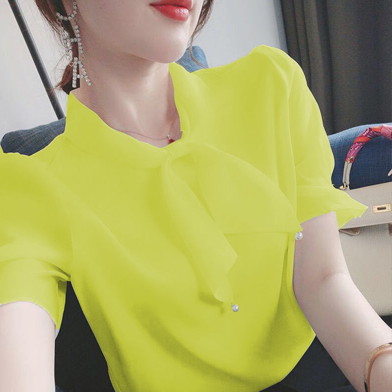 쉬폰 블라우스 여자 타이 봄 남방 리본 여성용 셔츠 여름 어 버전 루즈핏 활 반팔 탑 프 : 하우지엄