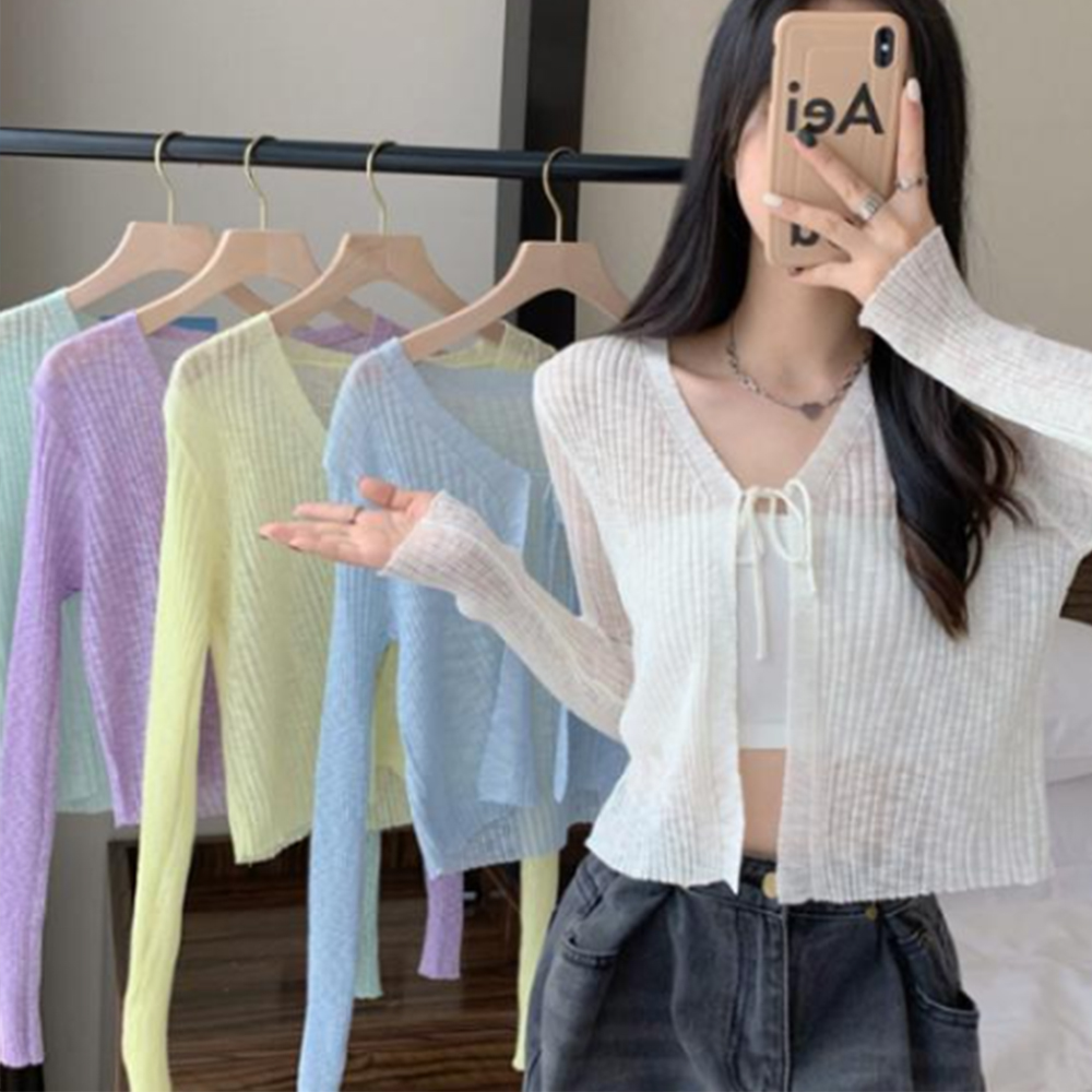 여름 가디건 여성 20대 비치 숏 데일리 간절기 봄 가을 얇은 여자 가벼운 긴팔 시스루 : 움이스토어