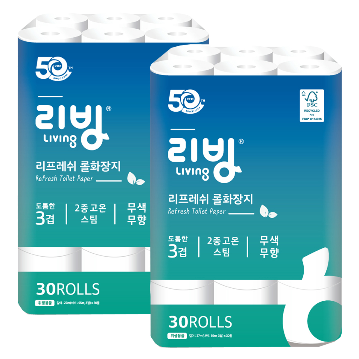 리빙 리프레쉬 3겹 데코 30롤 x 2팩 화장지 휴지 삼정펄프 50주년 : 동그라미티슈