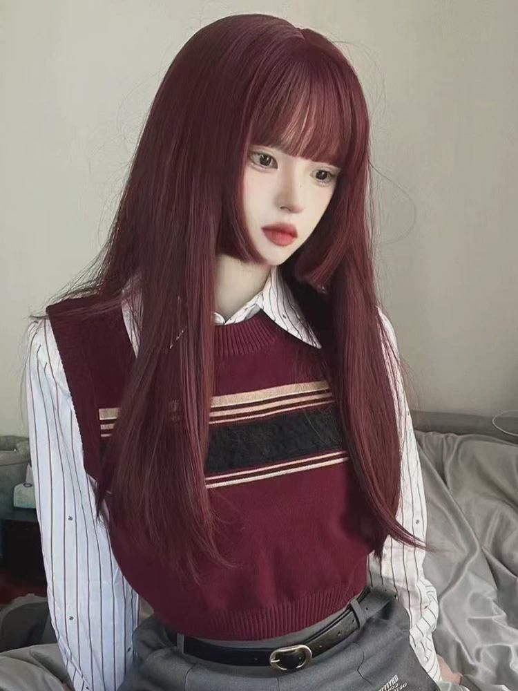 프린세스 컷  여장발 여름 신상 내추럴 헴라인 롱 스트레이트 레드 프린세스 컷 앞머리 희희 헤어스타일 : 일루전1