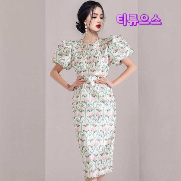 꽃 퍼프 거품 반소매 슬림 여자 정장 하객 스프링 드레스 청담며느리룩 홀복 플라워무늬 미디 코디 : 피엔케이7