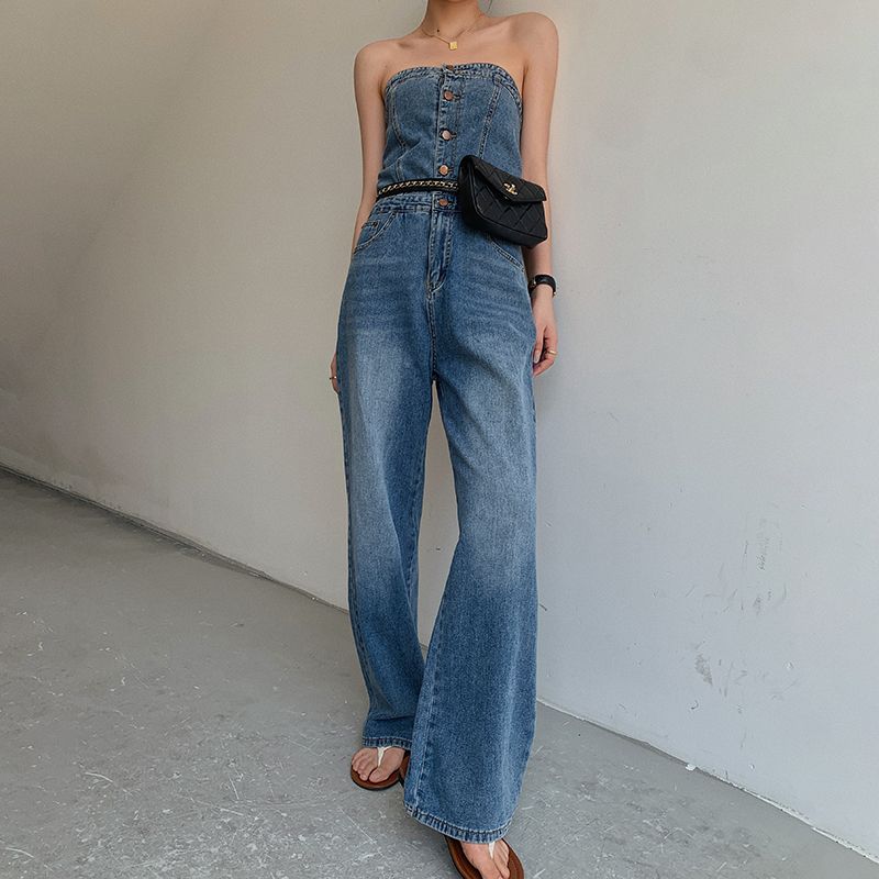 데님 튜브탑 점프수트 바캉스 오버롤 스타일 신행룩 슬림핏 해외여행 바캉스룩 데님 S : 직구만물상회