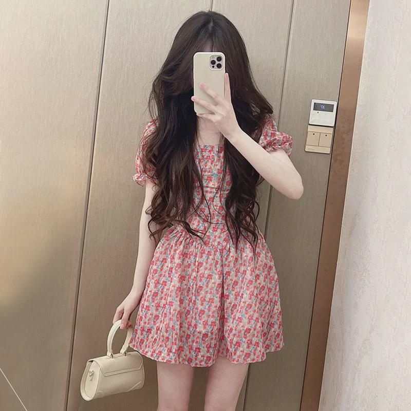 프렌치 순욕 작은 키 플라워  여하 퍼프 소매 일자 넥 스커트 허리 여밈  a라인 스커트 : 뉴캐슬1