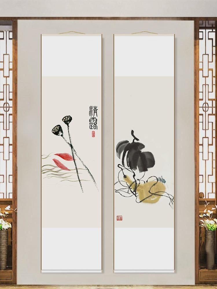 제백석 연꽃 난초 두루마리 그림책방 심플 백탁 선의 좁고 긴 세로판 다실 현관 장식화 : 비디스레