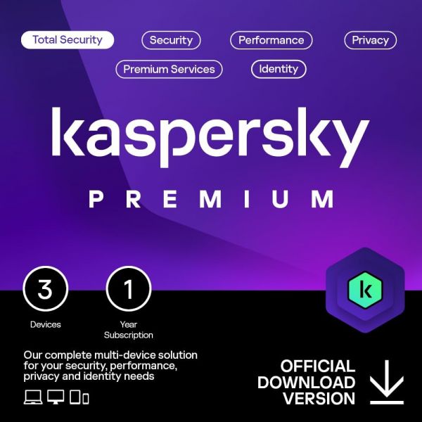 프리미엄 토탈 시큐리티 2024 기기 3대 1년 피싱 및 방화벽 무제한 VPN 비밀번호 관리자 보호자 통제 247 지원 PCMac Kaspersky... 