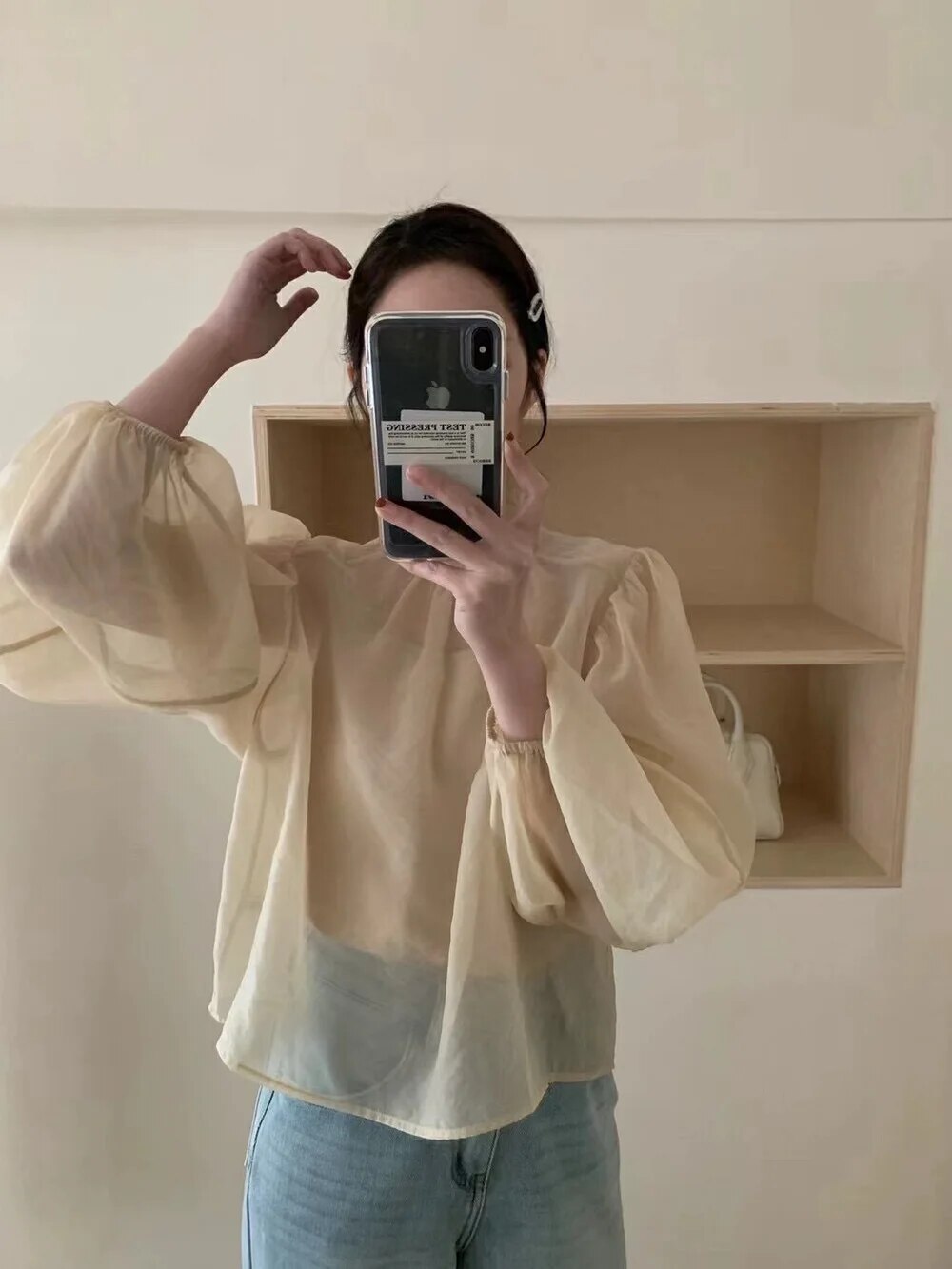 약간 투명한 둥근 목 자외선 차단 커버 캐미 투피스 세트 여름 신상품 긴 소매 레이스 쉬폰 셔츠 탑 : 현원샵9