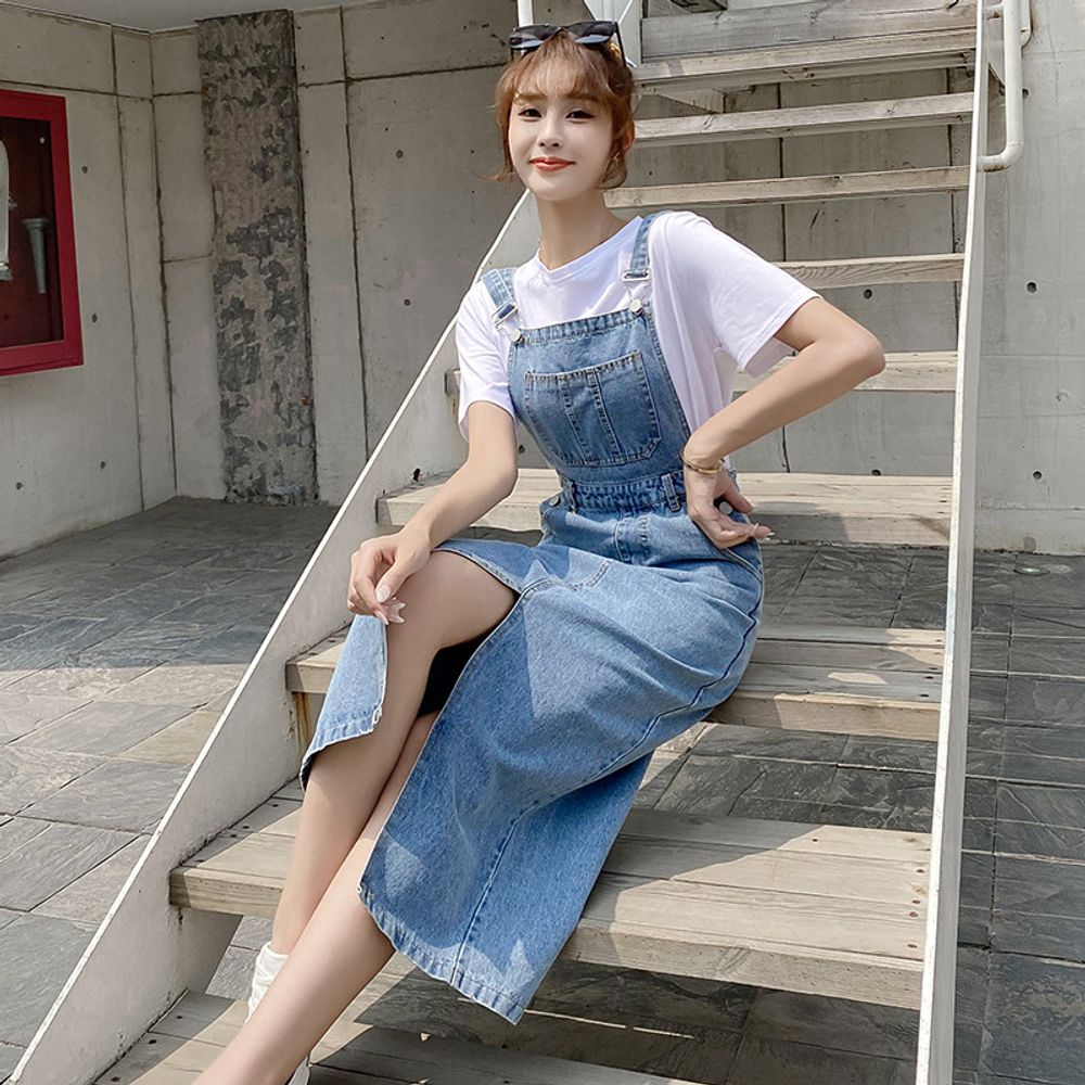 청멜빵 원피스치마 패션 데님 여성 앞트임롱치마 맬빵 : 과즙푸디