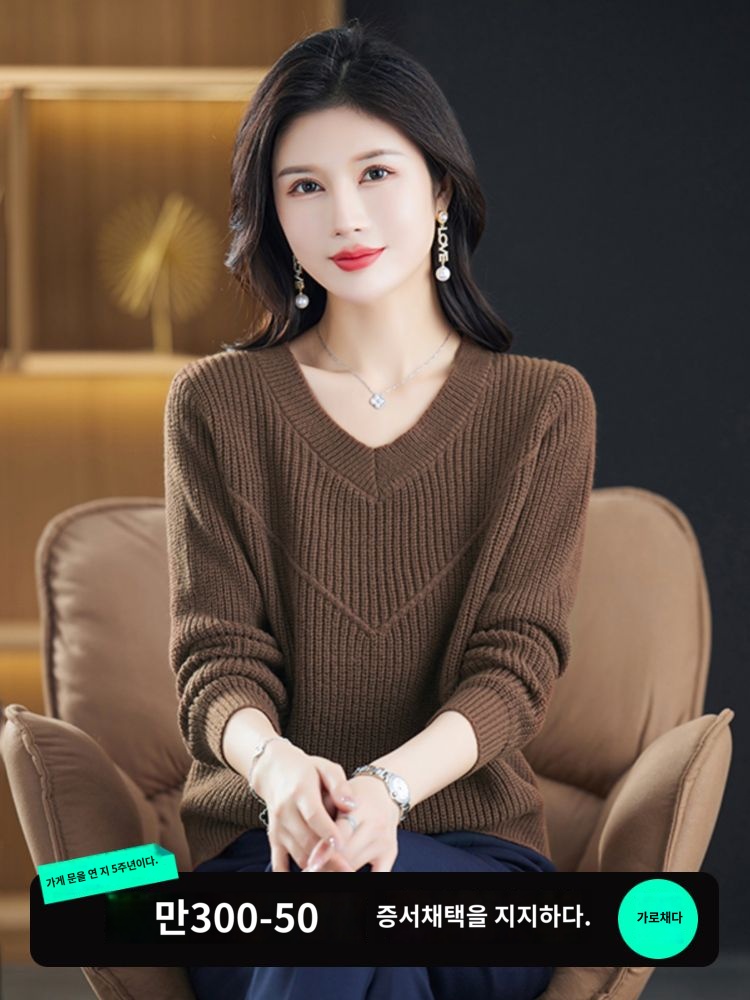 오르도스시  스웨터 여성 가을 겨울 2024 신상 이너 니트 스웨터 브이넥 풀오버 : 하르호센