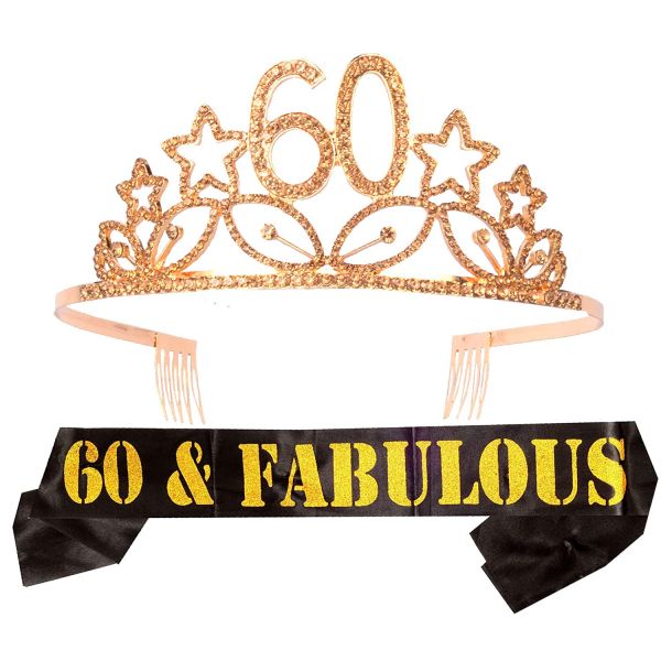 여자 60세 생일 선물 티아라와 새시 골드 HAPPY 파티 용품 60Fabulel Gliter Satin Sash와 Crystal Tiara 왕관 : 샵쓰리911