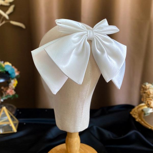 우아한 화이트 빅 Bowknot 헤어 클립 솔리드 컬러 광택 새틴 패브릭 신부 세련된 활 헤드 : 윙윙마켓 윙윙마켓