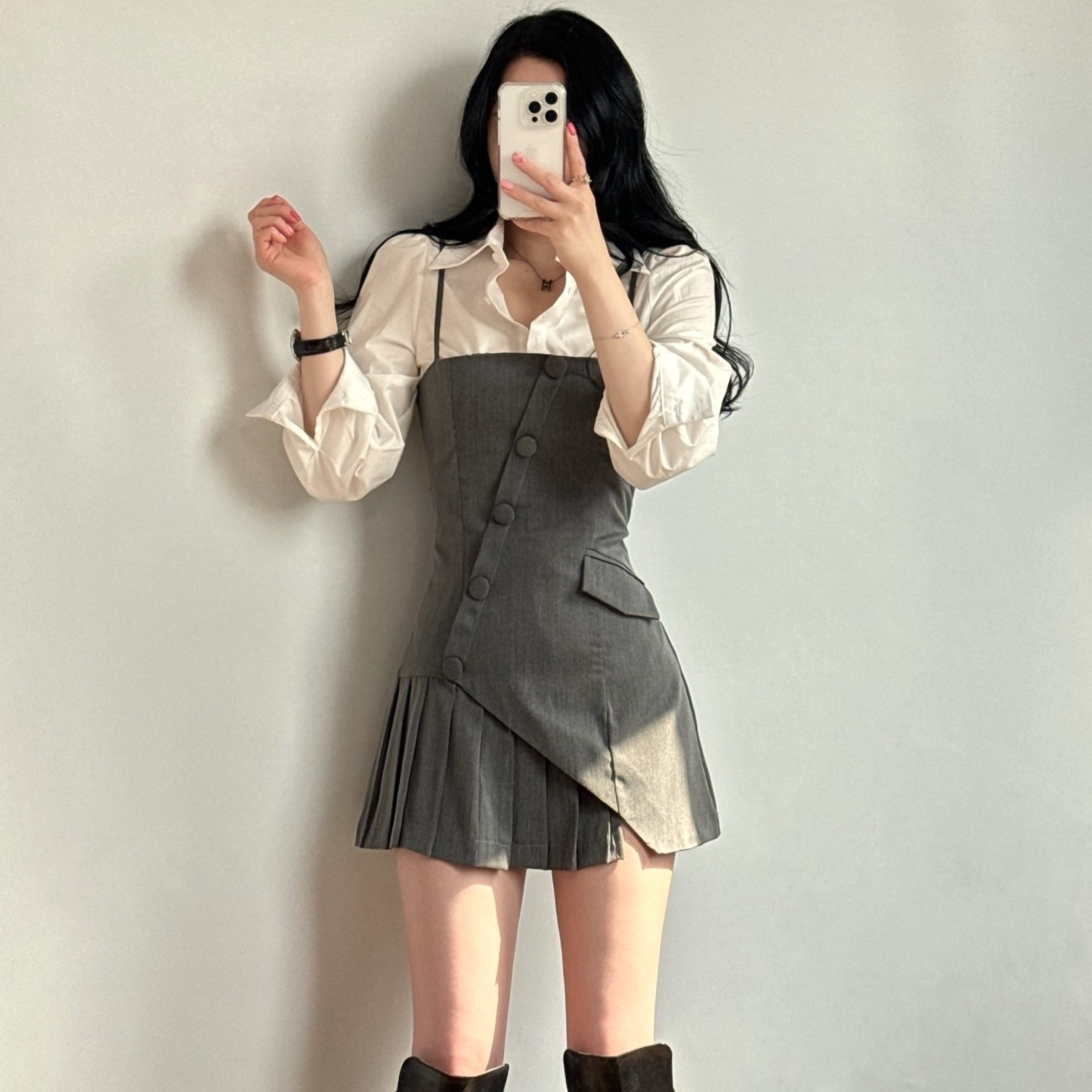여자 봄 무지 나미 긴팔 셔츠 뷔스티에 미니 원피스 세트 투피스 : 디얼 제이