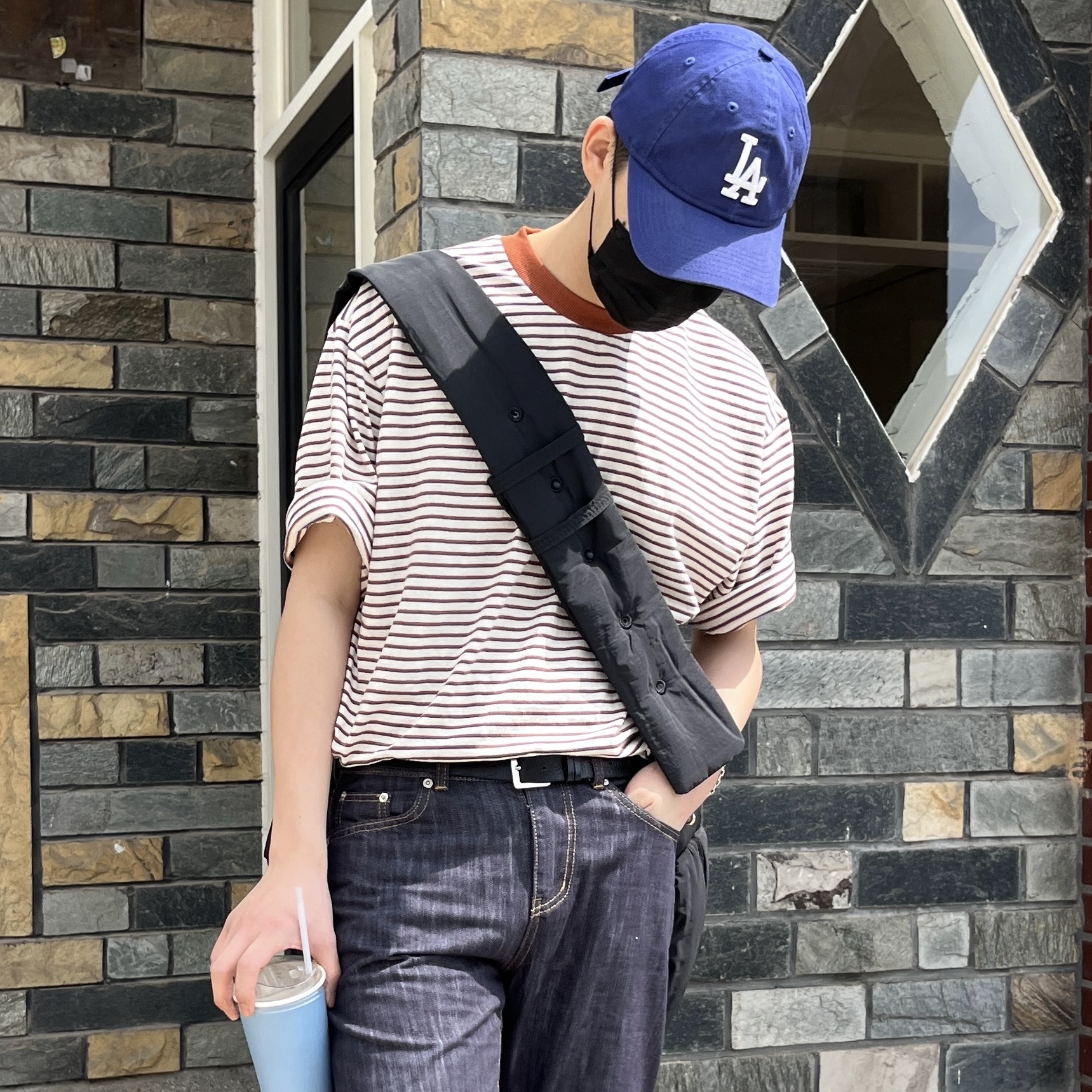 오버핏 워싱 배색 스트라이프 단가라 링거반팔 : 구오룸