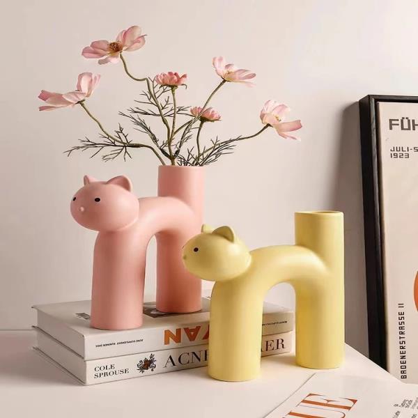 달항아리 화병 vase 도자기 유리 꽃병 침봉 옥꽃 오브제 백자 창의적인 세라믹 꽃병, 귀여운 튜블러, 카와이 고양이 방 홈 데스크탑 장식, 예술... 
