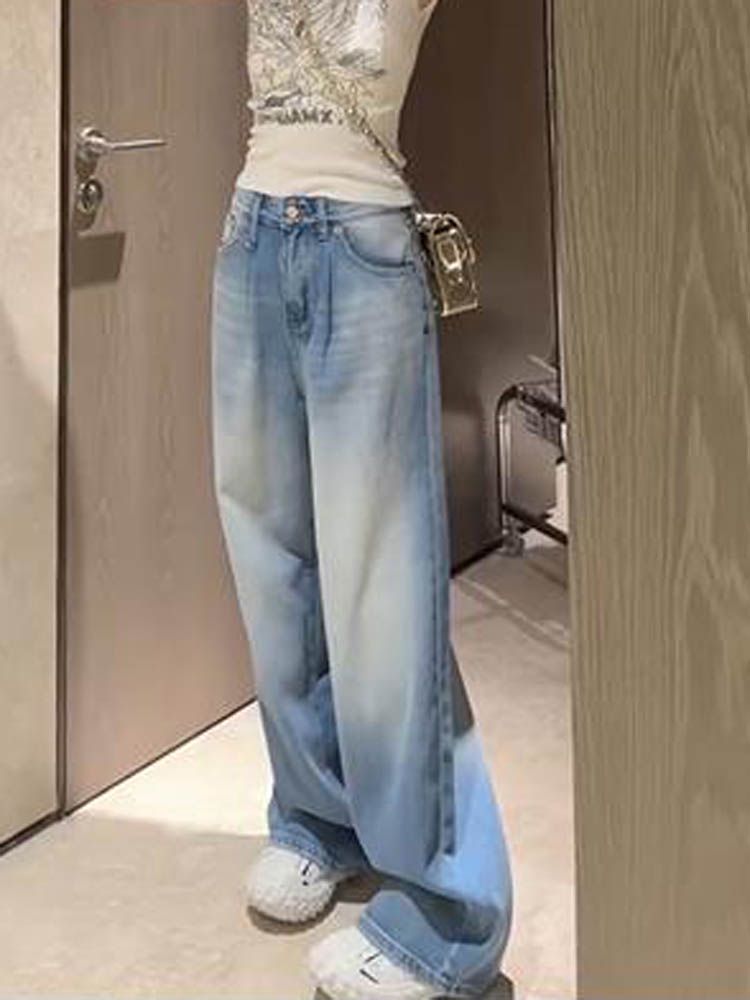 독특한 캐주얼 데일리 데이트 편안한 파스텔 와이드 데님 팬츠 : 제민디드