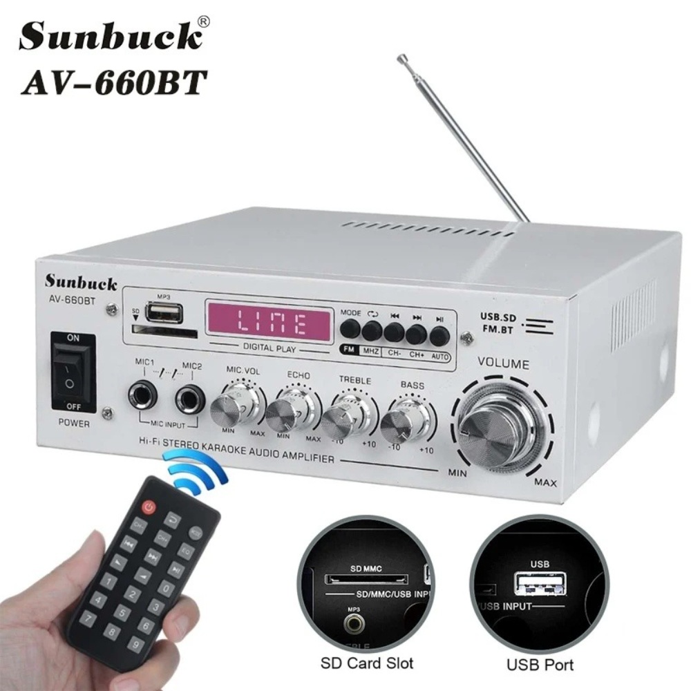 SUNBUCK AV-660BT 사운드 앰프, CH 2.1 파워 앰프, 홈 카 미팅 시어터 AMP 지지대 EQ FM USB SD 카드, 2 마이크 입력 : 유민-몰