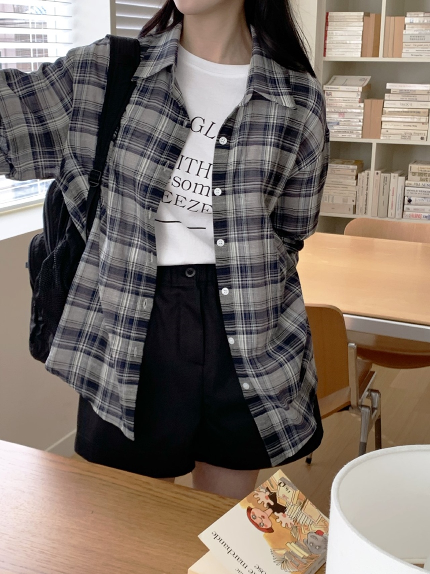 체크셔츠 오버핏체크남방 여성 롱남방 빈티지 박시 여름 : COCO ROOM