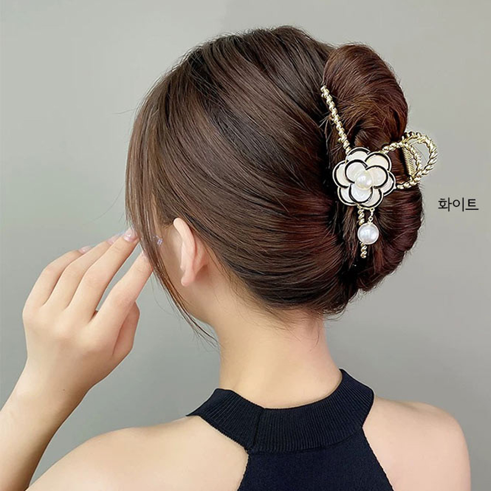 까멜리아 동백 진주 드롭 로프 메탈 꼬임 머리핀 사넬꽃 집게핀 여성 명품 헤어핀 : 씨오브럽