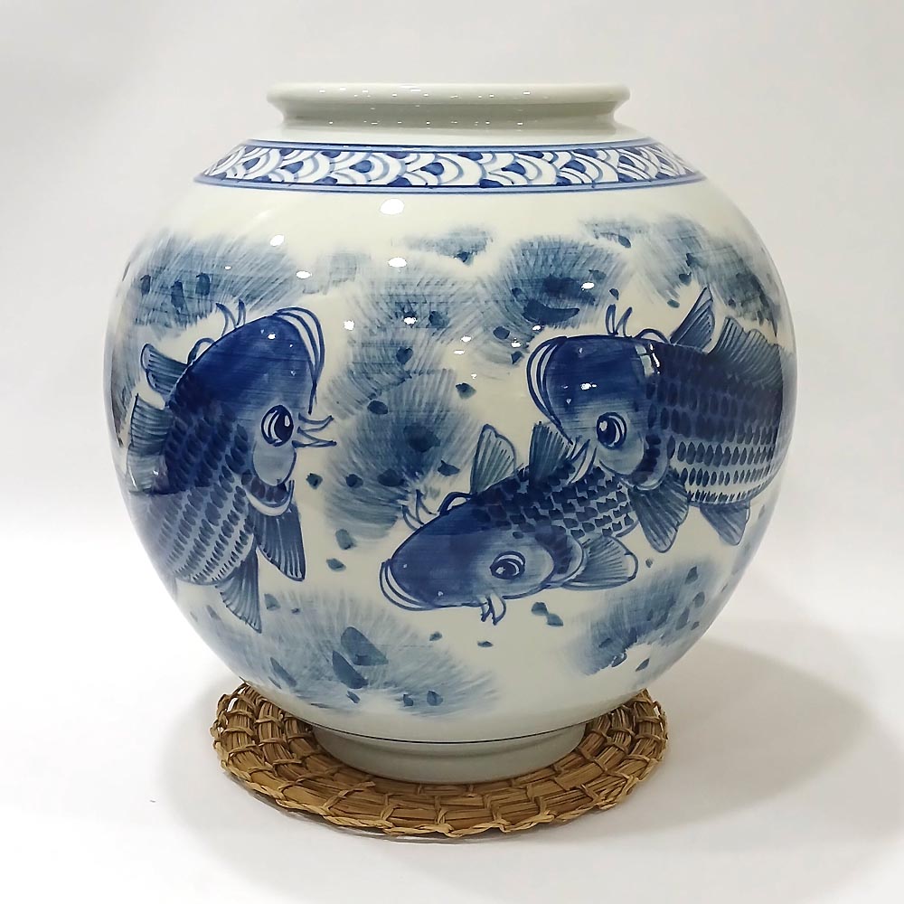 청인 청화백자 잉어문 어문 달항아리 (높이34.5cm) 화병 : 우리도예