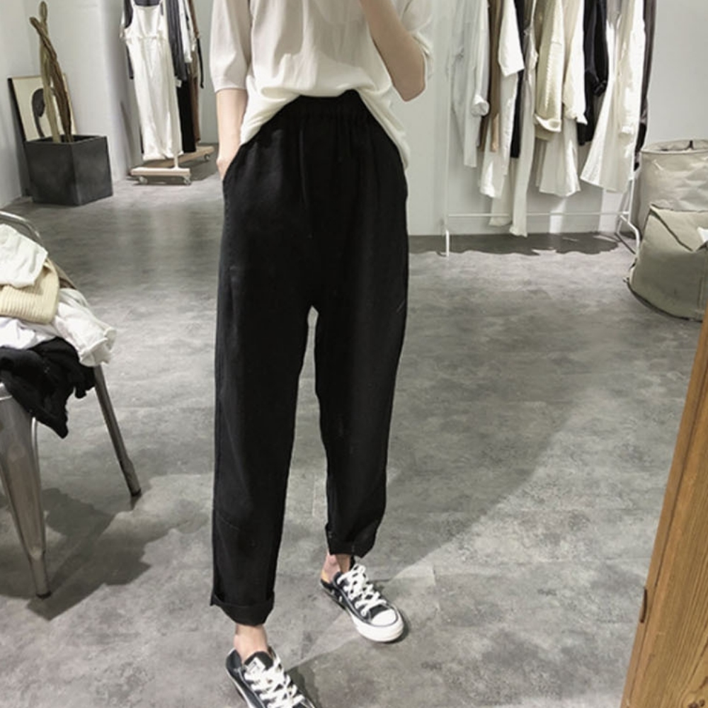 여성 린넨 배기팬츠 여름 밴딩 마바지 : 빅드림샵