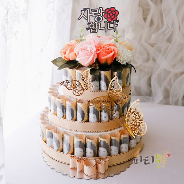 돈나오는 케이크 54호 / 지폐케이크 현금 어버이날 케이크 DIY 직접제작 2단 사이즈 : 파티붕붕