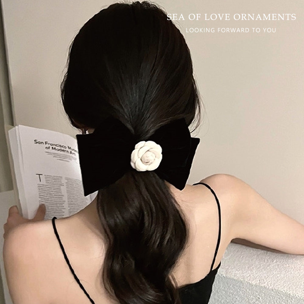 빅사이즈 까멜리아 벨벳 리본 사넬꽃 헤어핀 골프 반묶음 삔 올림머리 포인트 반머리 핀 : 씨오브럽