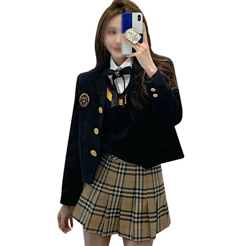 걸그룹 교복 영국 코트 자켓 하복 일본 댄스부 의상 유니폼 졸업사진 코스프레 코스튬 조끼 + 셔츠 + 싱글 스커트 + 나비 넥타이 S : 동글동글컴퍼니
