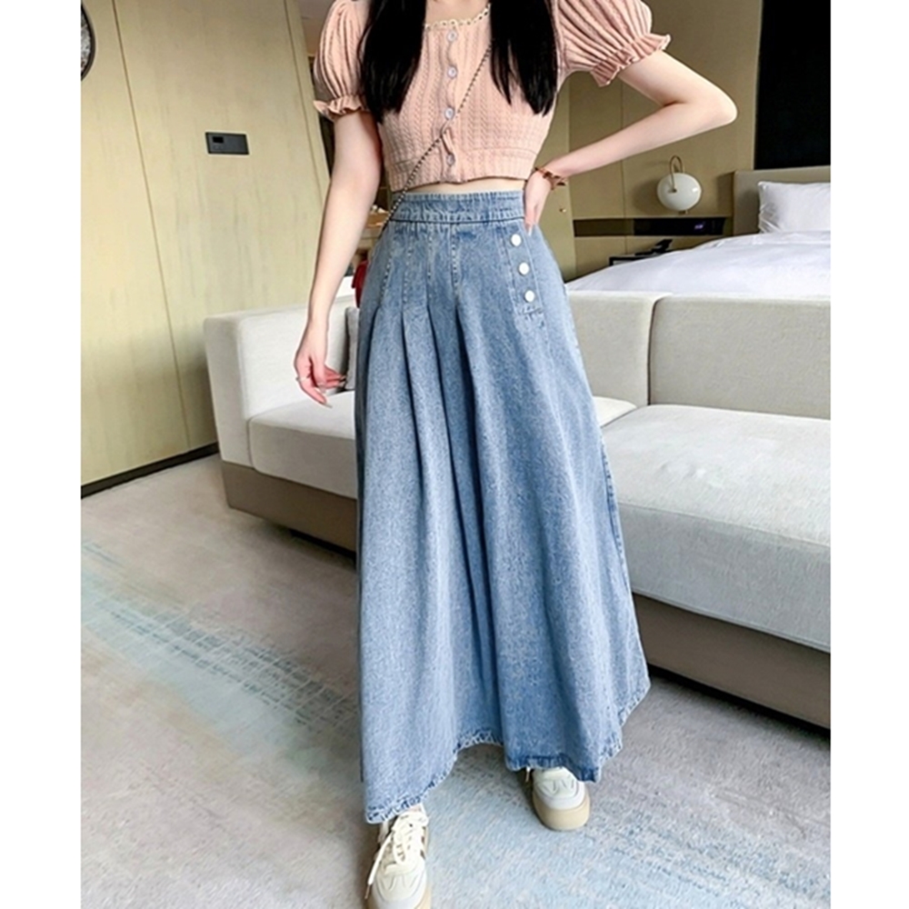 [이쁘지오 봄 청치마] 까리하네 핀턱 플리츠 A라인 플레어 뒷밴딩 데님 맥시롱스커트 : 이쁘지오