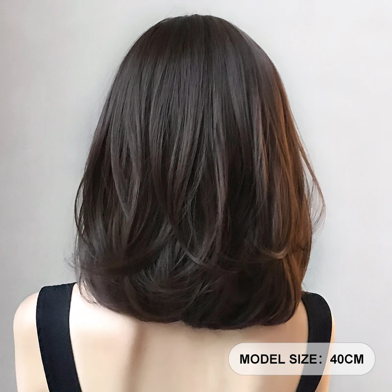 정수리가발 7JHH WIGS 고밀도 숏 스트레이트 초콜릿 밥 가발 여성용 데일리 합성 레이어드 다크 브라운 헤어 커튼 앞머리 포함 : 오광오광