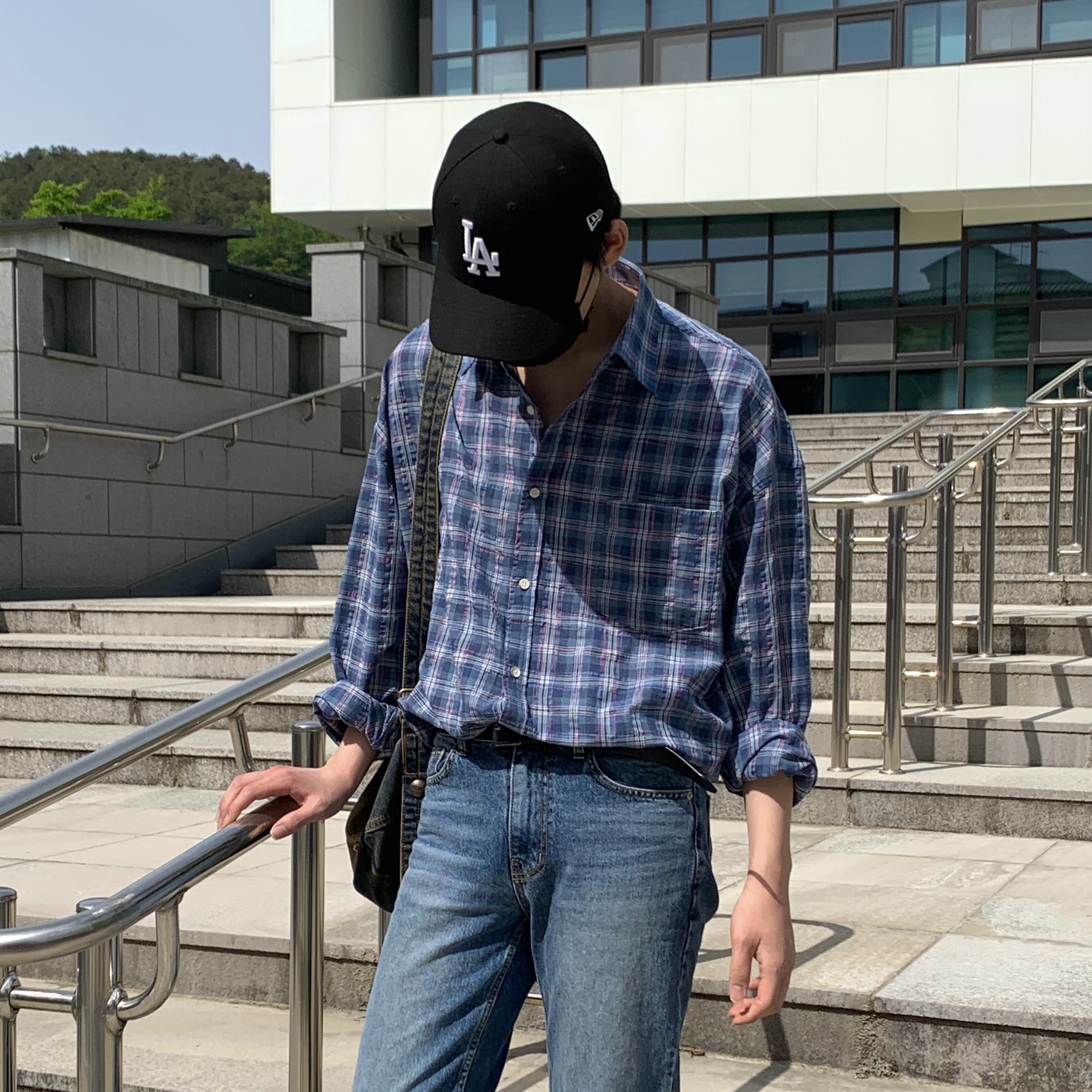 남자린넨셔츠 남성 오버핏 네이비 여름셔츠 체크남방 : 구오룸