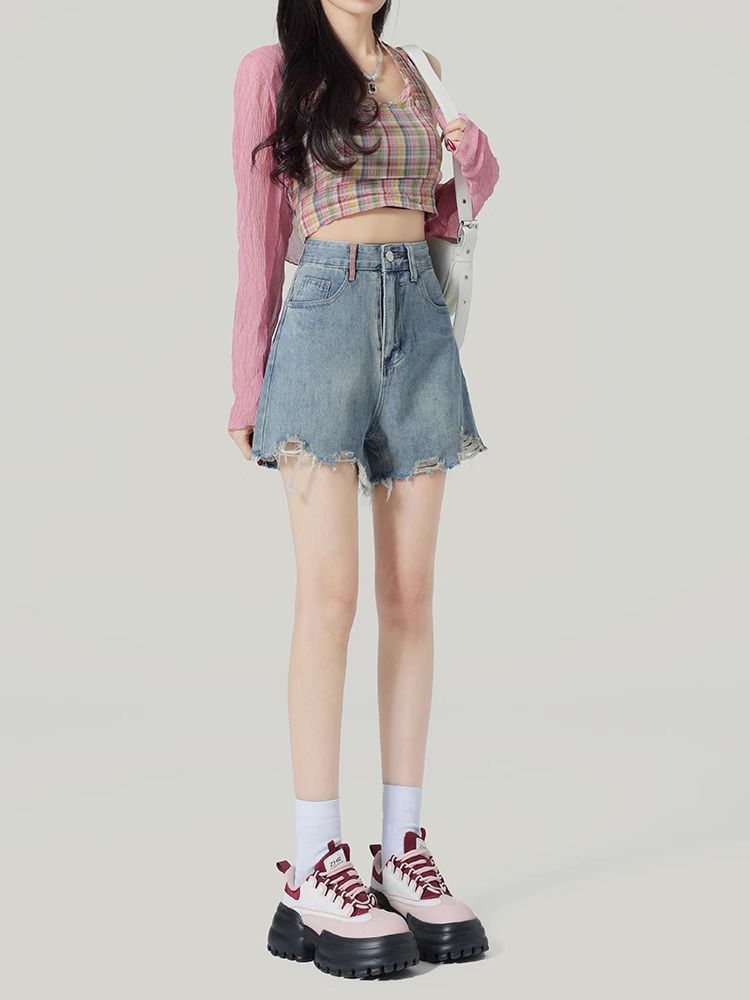 하이웨이스트 디스트로이드 데님 반바지 여 여름 2024년 신상 키 작은 핫팬츠 A라인 와이드 팬츠 퍼 트리밍 핫팬츠 : 수나인드
