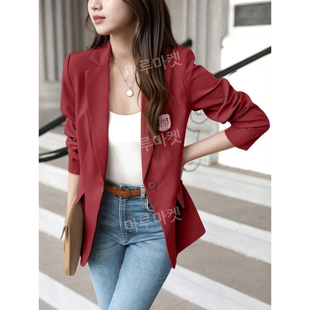 솔리드 라펠 블레이저 재킷  캐주얼 긴 소매 직장 사무실 주머니 달린 겉옷 여성복 : 마루마켓8989